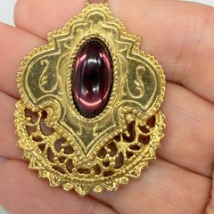 Vintage 1928 Necklace Gold Tone Filigree Pendant Purple Acrylic Center 28″