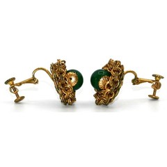 Signed Miriam Haskell 36″ Green Glass Bead Opera Necklace & Clip Earrings Set