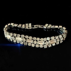 Rhinestone Bracelet Clear Crystal Tennis Baguette Rhodium Plated 1950s 6.5 Inch