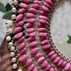 Vintage Pink Art Glass Faux Pearl Fringe Bib Statement Necklace Dramatic Runway
