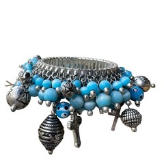 VTG Cha Cha Bracelet 7.75 Inch Expandable Silver Tone Blue Bead Cross Charms