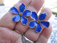 Vintage silver tone Blue enamel flower French wire Earrings orange rhinestones