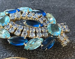 Vintage Blue Glass Cabochon Rhinestone Open Back Gold Tone Brooch Pin Estate