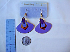 VINTAGE SAMUEL HUANG DESIGNER CLOISONNE RETRO MOD FAN LAVENDER & PURPLE EARRINGS
