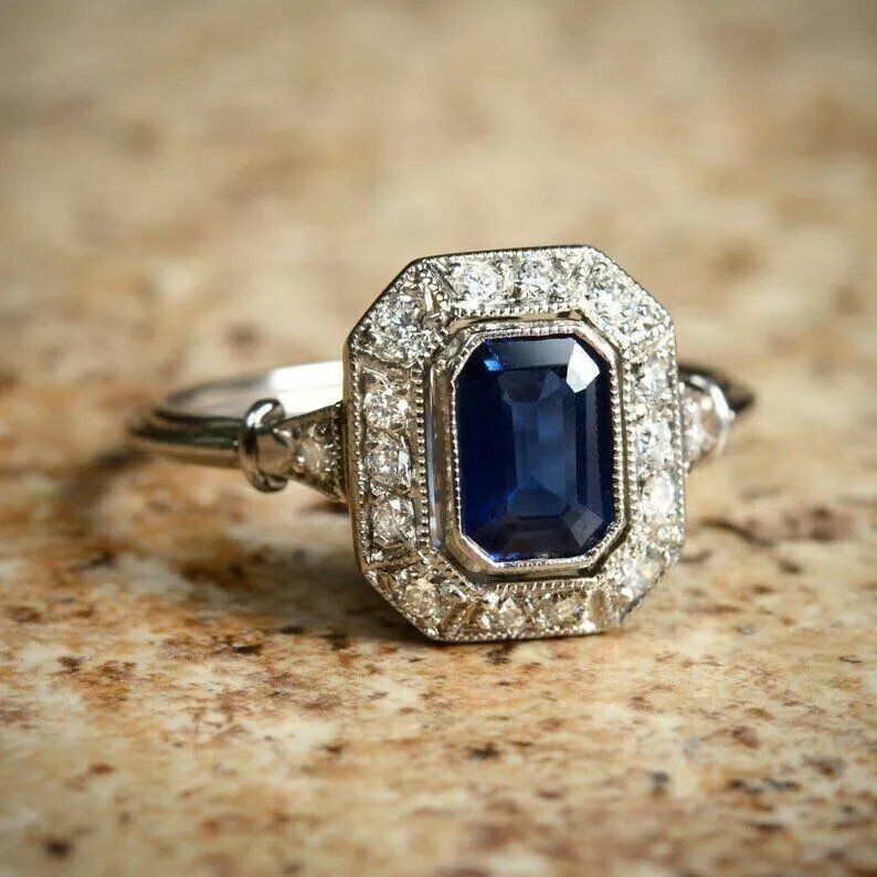 Antique Art Deco Vintage Emerald Cut Sapphire & Lab Created 925 Silver GiftRing
