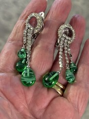 Vintage Signed Ciner Flawed Emerald Rhinestone Dangle Earrings One Dark Stone 2″