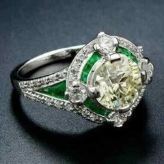 Art Deco Style Lab Created Diamond & Emerald 14k White Gold Finish Wedding Ring