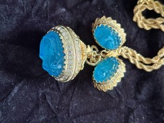 Nettie Rosenstein Carved Glass Fob Necklace earring Demi Paru Gold Tone