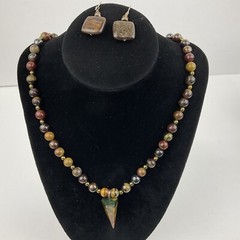 Vtg Genuine Jasper Hexagonal Pyramid Pendant Necklace Earring Set Earth Tones