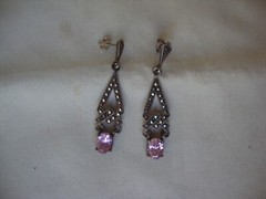 VINTAGE OPENWORK TEARDROP PINK TOPAZ W/MARCASITE SILVER 925 DANGLE STUD EARRINGS