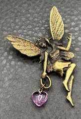 JJ Jonette VTG Gold Tone Fairy Brooch Pin Purple Heart Glitter Wings Mystical