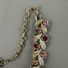 Vintage Coro Necklace Red Pink Rhinestone Leaf Gold Tone Choker Adjustable 15″