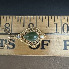 Stunning Vintage Tear-Drop Jade, Pearl, & Diamond Gold-Tone Pendant & Necklace