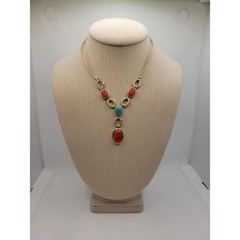 Monet Y Necklace Blue Red Acrylic Stones Matte Goldtone Southwest