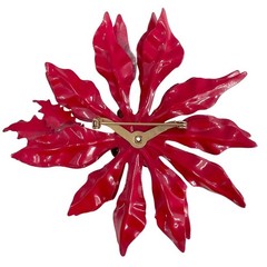 Vintage Red Enamel Poinsettia Brooch Christmas Holiday Flower Holly Pin Large