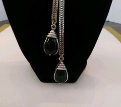 Selro Lariat Necklace Emerald Green Lucite Pendants Czech Glass Rhinestone 1960s