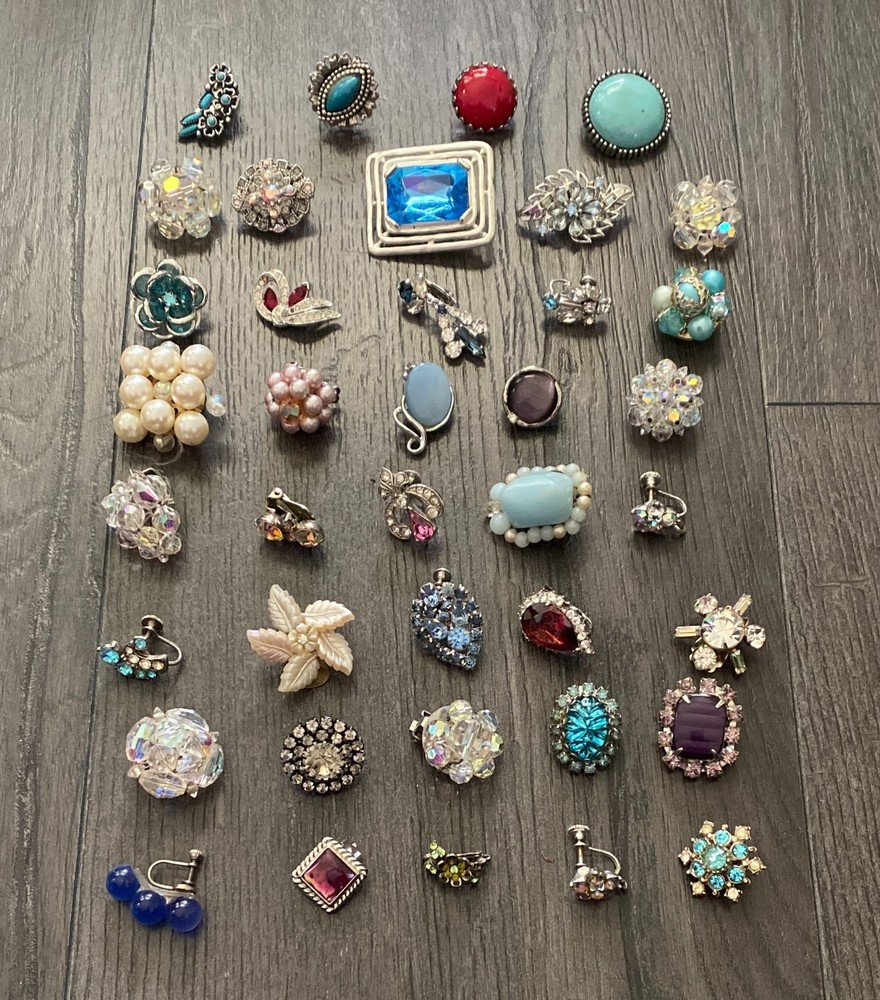 Lot of 39 Vintage Single Earrings Beaded-Rhinestone-Turquoise-Faux Pearl-Etc.
