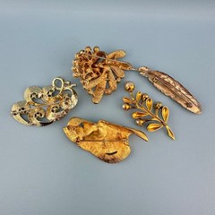 Vintage Brooch Lot Gold Tone Faux Pearl Leaf Branch Feather Some Signed