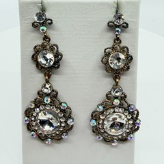 Vintage Gold Tone Filigree Dangle Earrings with AB Crystal Chandelier
