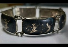 Vintage Siam Niello Sterling Silver Set Bracelet Pendant Earrings 925