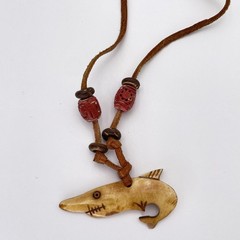 Boho Bone Shark Fish Pendant Necklace Brown Leather Wood Beads Statement Toggle