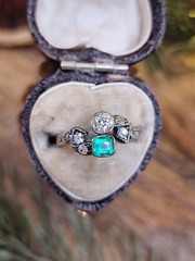Art Deco Style Green Emerald & Lab-Grown Diamond Engagement Ring in 14K Gold FN