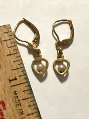 Vintage Gold Precious Metal W Germany Open Heart Pearl Dingle Earrings Signed FB