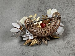Vintage MCM Enameled Cluster Petals / Crystals Flowers and Leaves Brooch 2 1/4″