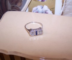 ART DECO 18K Gold Diamond Blue Sapphire Filigree Ring | Size 8.75
