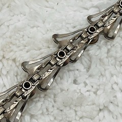 Vintage Green Rhinestone Bracelet Silver Tone Fan Link Open Work Deco Style