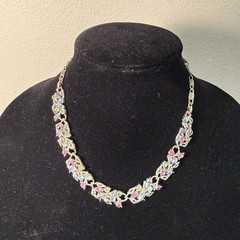 VTG Signed Lisner Floral Rhinestone Necklace Pastel Pink Blue Yellow Silvertone