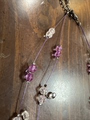 Triple Wire Bead Necklace Pink Purple Faceted Rhinestone Teardrop Dangles Retro