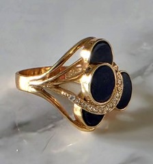 Vtg Womens Round Blue Disk & Rhinestone Cocktail Ring Marked ~ 18kt H.G.E.