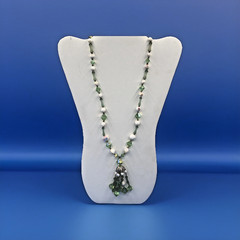 Vintage Green & White Glass and Lucite Beaded Necklace – Faceted Drop Tassel