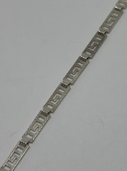 NWT VTG Silvertone Greek Key 4mm Wide Rect Link Bracelet 7-1/2″ w/ Spring Ring