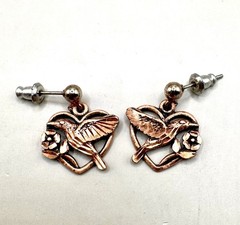 WM Wheeler Co Copper Southwestern Humming Bird Heart Dangle Earrings