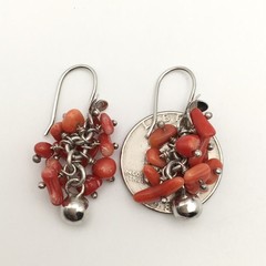 Vintage Sterling Silver Red Orange Coral Flower Hook Dangle Earrings 8.9g #97