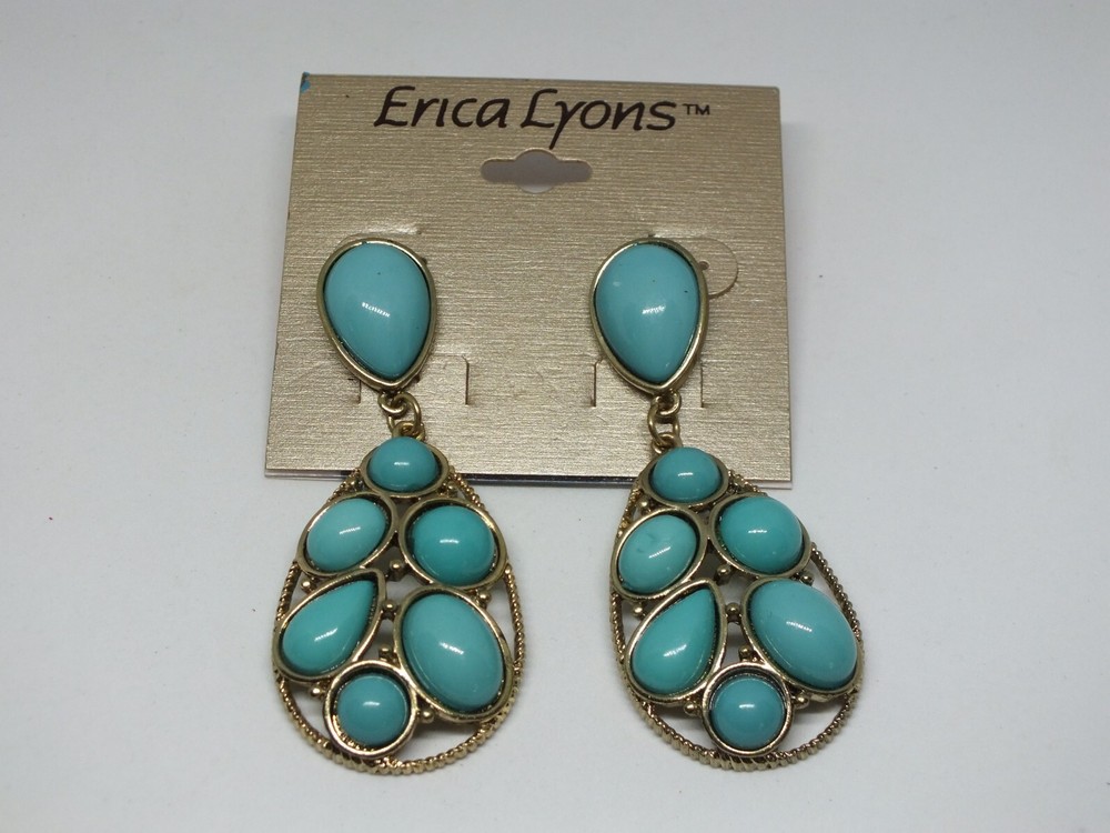 Beautiful pair Post Pierced Earrings Gold Tone Turquoise Cabochons Erica Lyons C
