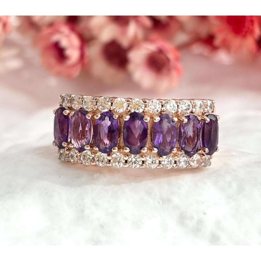 Faux Amethyst Clear Stone Rose Gold Toned Costume Jewelry Vintage Ring – sz 5.5