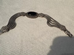 Vinta 925 Sterling Silver Black Onyx Marcasite Multi Strand Floral Bracelet 8.5”