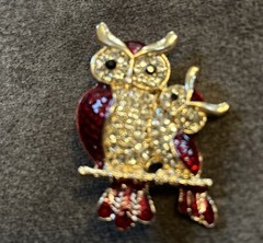 Enamel Rhinestone Red Clear Hoot Owl Birds Goldtone Brooch Pin Gift Boxed