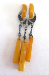 RUSSIA STERLING 875 BROOCH w EGG YOLK AMBER 2 7/8 INCHES