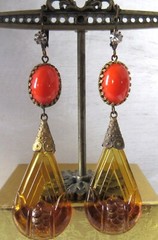 Vintage Art Deco Czech Amber Tone Pressed Glass Dangle Drop Pendant Earrings