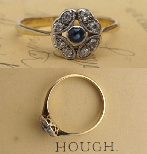 Art Deco Sapphire & Lab Created Diamond In 14k Gold Two tone Finish Target Ring