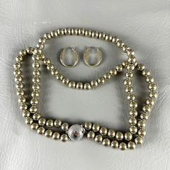 Vintage Monet Necklace & Earrings Set Double Strand Gold Tone Bead Hoop