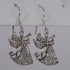 Christian Easter CZ Pave Angel Trumpet Drop Earrings Sterling Silver 925 | 2.63g