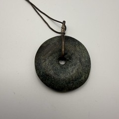 Vintage AGI Snake Chain Necklace Natural Green Gemstone Bi Disc Donut Pendant 16