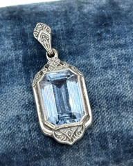 German Art Deco Pendant 835 Silver Ornate Blue Crystal Emerald Cut Vintage