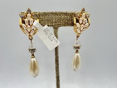 Vintage Gold Pierced Earrings Saks Crystal Bead Dangles 1990s Rice Pearls NOS HM