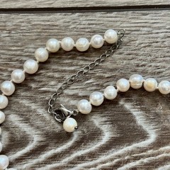 Cultured Freshwater Pearl & Rhinestone Short Beaded Necklace Knotted Between